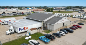 Aerial view of FedEx Freight property located at 1451 Hanthorne St, Cadillac, MI, recently sold by B+E for $1.87 million in a fast 1031 exchange transaction.