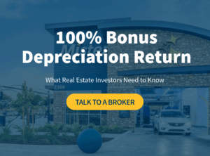 Hero banner promoting 100% bonus depreciation return in 2025 for real estate investors, featuring a net lease property car wash exterior.