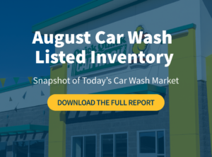 Isometric illustration of an express car wash tunnel with the title "NNN Car Wash Listed Inventory, August 2026" on a B+E blue background