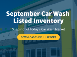 sometric illustration of an express car wash tunnel with the title "NNN Car Wash Listed Inventory, September 2026" on a B+E blue background